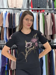 Wholesale Women's Knit Sweater Floral Embroidery Black - 31725 | REEL TRİKO - Thumbnail