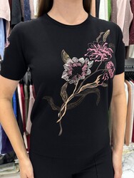 Wholesale Women's Knit Sweater Floral Embroidery Black - 31725 | REEL TRİKO - Thumbnail