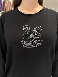 Wholesale Women's Knit Sweater Swan Embroidery - Black - 32904 | REEL TRİKO - Thumbnail