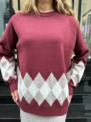 Wholesale Women's Knit Sweater - Argyle Pattern - Burgundy - 32887 | REEL TRİKO - Thumbnail