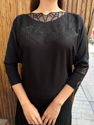 Wholesale Women's Black Knit Sweater Stone Embellishment - 32988 | REEL TRİKO - Thumbnail