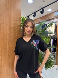 Wholesale Women's Blouse Bird Embroidery Navy Blue - 80358 | REEL TRİKO 1993 - Thumbnail