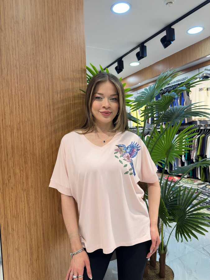 Reel Triko - Wholesale Women's Blouse Bird Embroidery Powder Pink - 80358 | REEL TRİKO