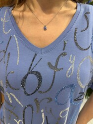 Wholesale Women's Blouse Stone Embellishments, Blue - 80392 | REEL TRİKO 1993 - Thumbnail