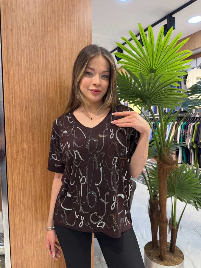 Reel Triko - Wholesale Women's Blouse Stone Embellishments Brown - 80392 | REEL TRİKO 1993