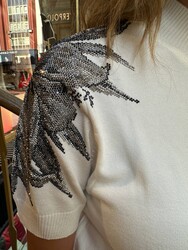 Wholesale Women's Knit Sweater Crystal Stone Embellishment Ecru - 31679 | REEL TRİKO - Thumbnail