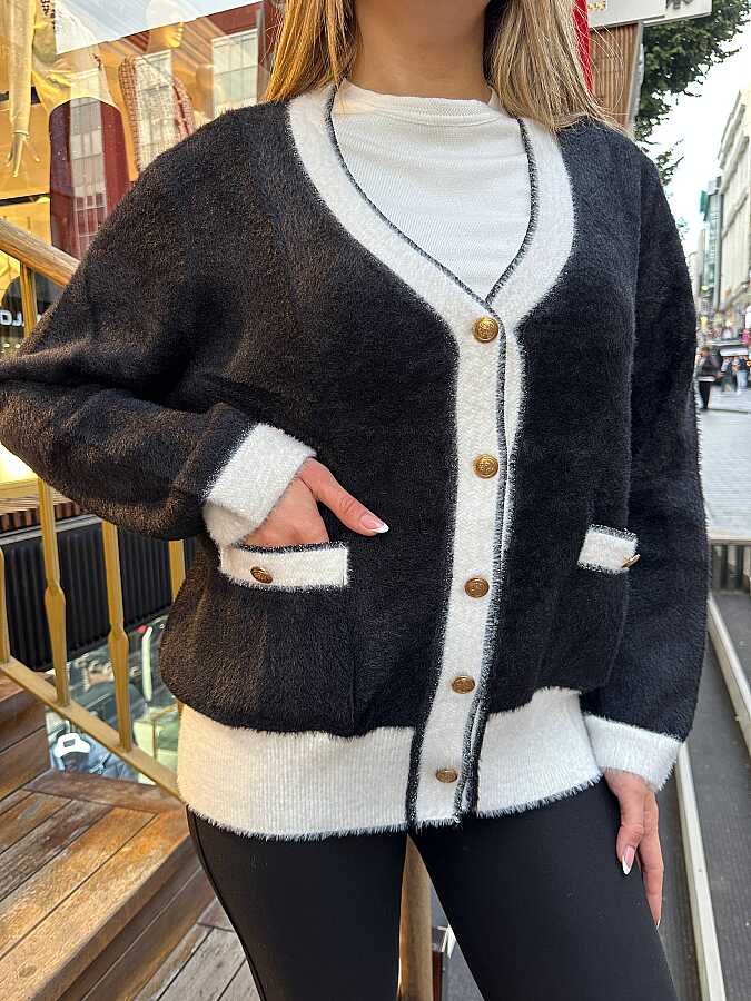 Wholesale Women’s Knit Cardigan - Black & Ecru Pocket Detail - 30627 | REEL TRİKO - 2