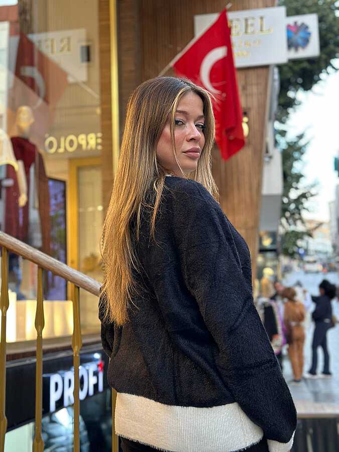 Wholesale Women’s Knit Cardigan - Black & Ecru Pocket Detail - 30627 | REEL TRİKO - 4