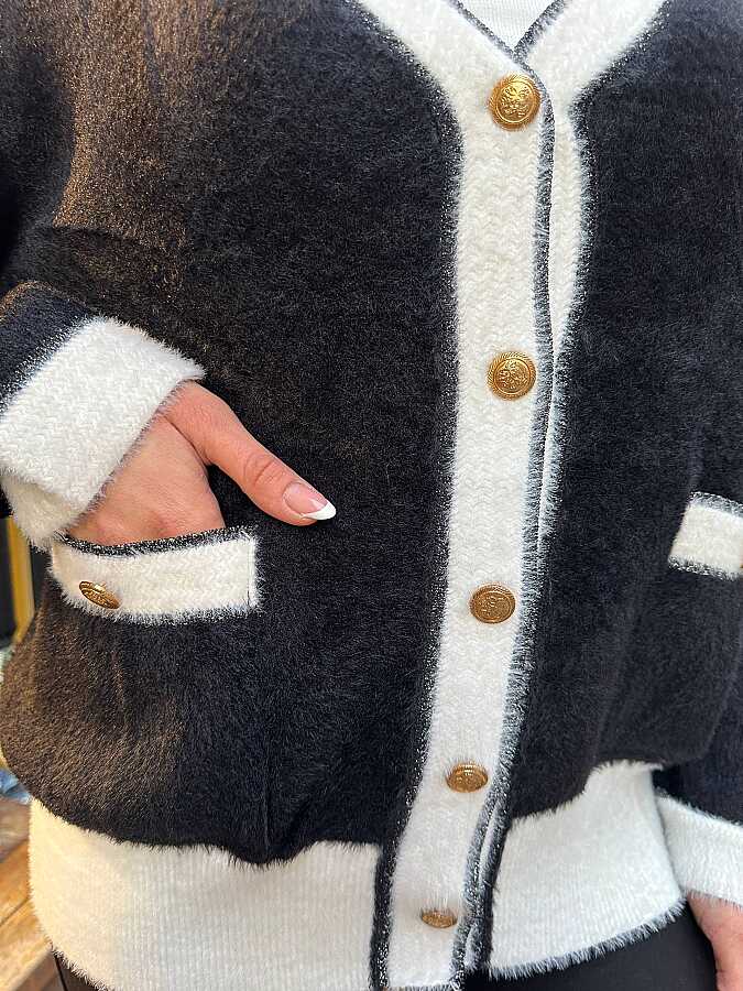 Wholesale Women’s Knit Cardigan - Black & Ecru Pocket Detail - 30627 | REEL TRİKO - 3