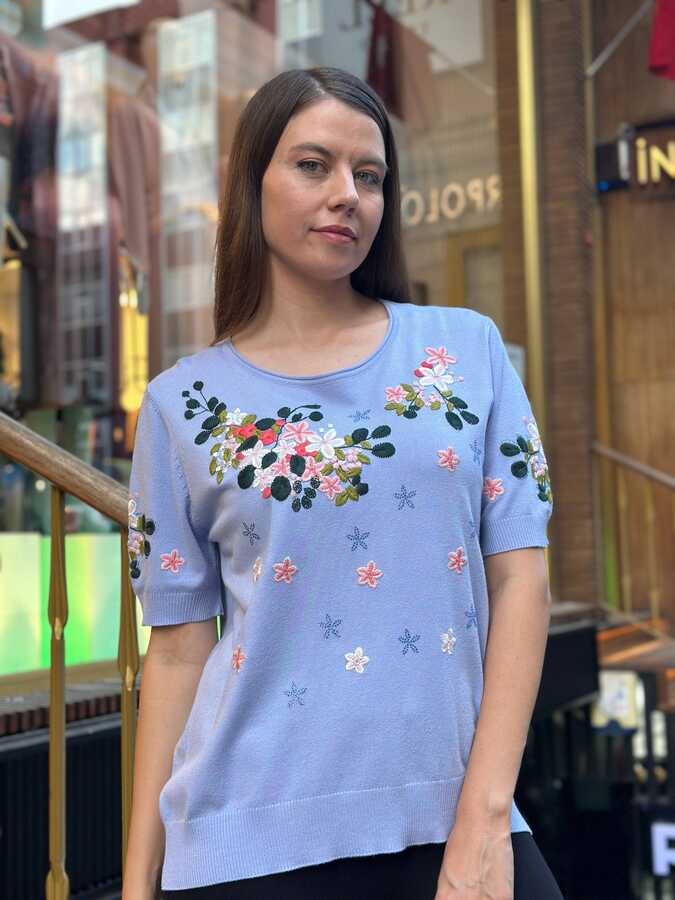 Reel Triko - Wholesale Women's Blue Crew Neck Knit Sweater - 16761 | REEL TRİKO