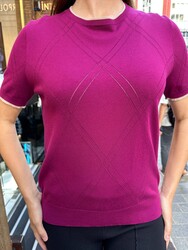 Wholesale Women's Crew Neck Knit Sweater – Fuchsia & Ecru - 32097 | REEL TRİKO - Thumbnail