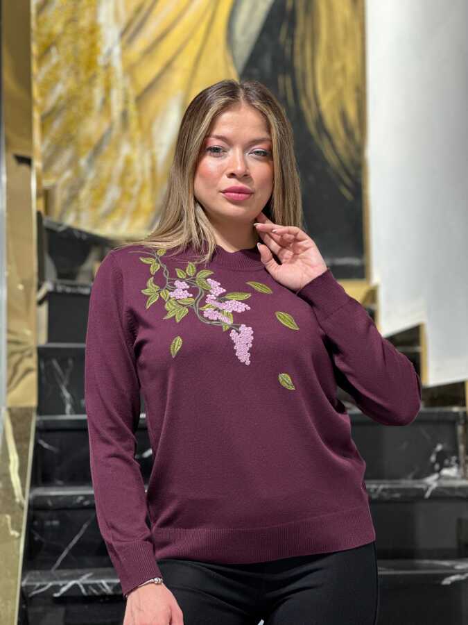 Wholesale Women’s Knit Sweater Plum Colorful Embroidery - 33003 | REEL TRİKO - 1