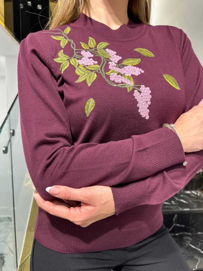 Wholesale Women’s Knit Sweater Plum Colorful Embroidery - 33003 | REEL TRİKO - 3