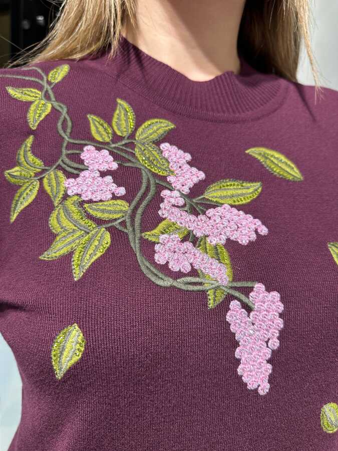 Wholesale Women’s Knit Sweater Plum Colorful Embroidery - 33003 | REEL TRİKO - 2