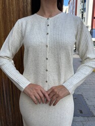 Wholesale Women's Knitted Cardigan Glittery Trim - Ecru - 32919 | REEL TRİKO - Thumbnail