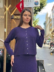 Wholesale Women's Knitted Cardigan - Glittery Trim - Purple - 32919 | REEL TRİKO - Thumbnail