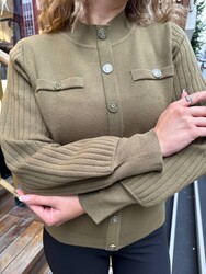 Wholesale Women's Logo-Detail Khaki Knit Cardigan - 32395 | REEL TRİKO - 2