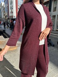 Wholesale Women's Long Knitted Cardigan, Plum - 32882 | REEL TRİKO - Thumbnail
