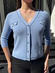 Wholesale Women's Knitted Cardigan Pocket Detail, Blue - 32908 | REEL TRİKO - Thumbnail