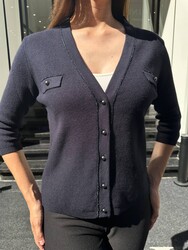 Wholesale Women's Knitted Cardigan Pocket Detail - Navy Blue - 32908 | REEL TRİKO - Thumbnail
