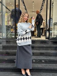 Wholesale Women's Knit Skirt Slit Detail Anthracite - 32887 | REEL TRİKO - Thumbnail
