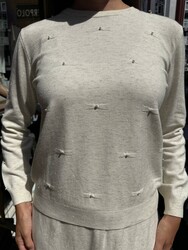 Wholesale Women's Knitted Sweater Bead Embellishments, Ecru - 32509 | REEL TRİKO - Thumbnail