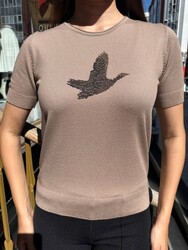 Wholesale Women's Knitted Sweater Bird Embroidery, Beige - 32843 | REEL TRİKO - Thumbnail