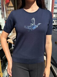 Wholesale Women's Knitted Sweater Bird Embroidery, Navy Blue - 32843 | REEL TRİKO - Thumbnail