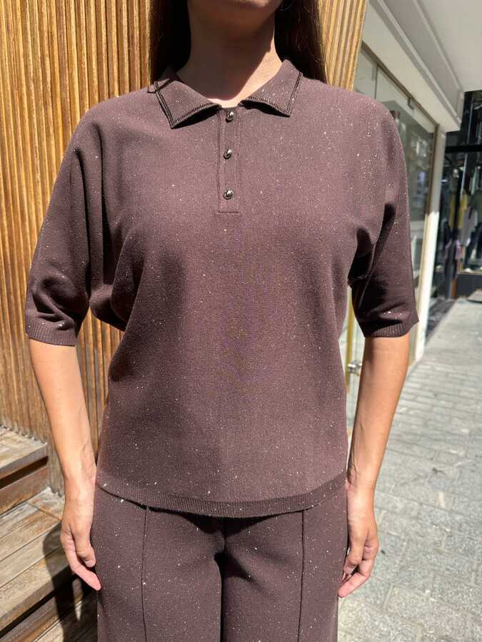 Wholesale Women's Knitted Sweater with Button Detail, Brown - 32621 | REEL TRİKO - 3