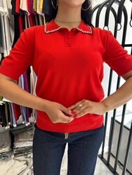 Wholesale Women's Knitted Sweater Collar Detail Red - 32590 | REEL TRİKO 1993 - Thumbnail