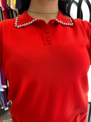 Wholesale Women's Knitted Sweater Collar Detail Red - 32590 | REEL TRİKO 1993 - Thumbnail
