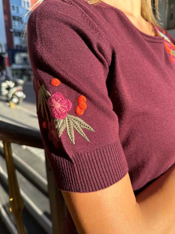 Wholesale Women's Knitted Sweater, Colorful Embroidered, Plum - 32178 | REEL TRİKO - 4