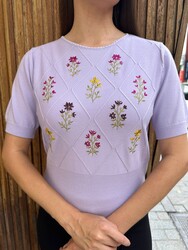 Wholesale Women's Knitted Sweater Colorful Floral Embroidery, Lilac - 32567 | REEL TRİKO - Thumbnail