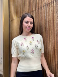 Wholesale Women's Knitted Sweater Colorful Floral Embroidery, Yellow - 32567 | REEL TRİKO - Thumbnail