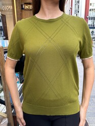 Wholesale Women's Crew Neck Knit Sweater - Green & Ecru - 32097 | REEL TRİKO - Thumbnail