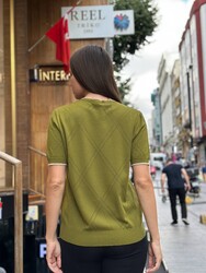 Wholesale Women's Crew Neck Knit Sweater - Green & Ecru - 32097 | REEL TRİKO - Thumbnail