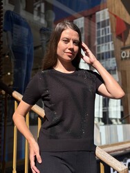 Wholesale Women's Knitted Sweater Crystal Stone Embellishments, Black - 31833 | REEL TRİKO - Thumbnail