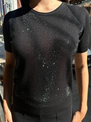 Wholesale Women's Knitted Sweater Crystal Stone Embellishments, Black - 31833 | REEL TRİKO - Thumbnail