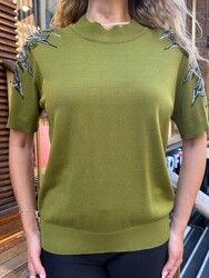 Wholesale Women's Knit Sweater Crystal Stone Embellished Green - 31679 | REEL TRİKO - Thumbnail