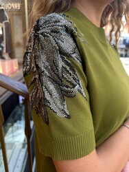 Wholesale Women's Knit Sweater Crystal Stone Embellished Green - 31679 | REEL TRİKO - Thumbnail