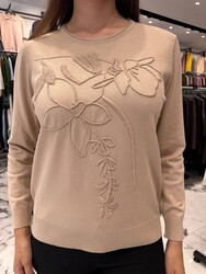Wholesale Women's Knitted Sweater Embroidered Beige - 32906 | REEL TRİKO - Thumbnail