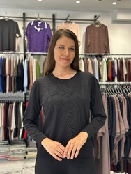 Wholesale Women's Embroidered Knit Sweater, Black - 32906 | REEL TRİKO - Thumbnail