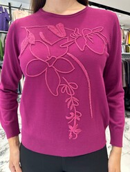 Wholesale Women's Embroidered Knit Sweater, Fuchsia - 32906 | REEL TRİKO - Thumbnail