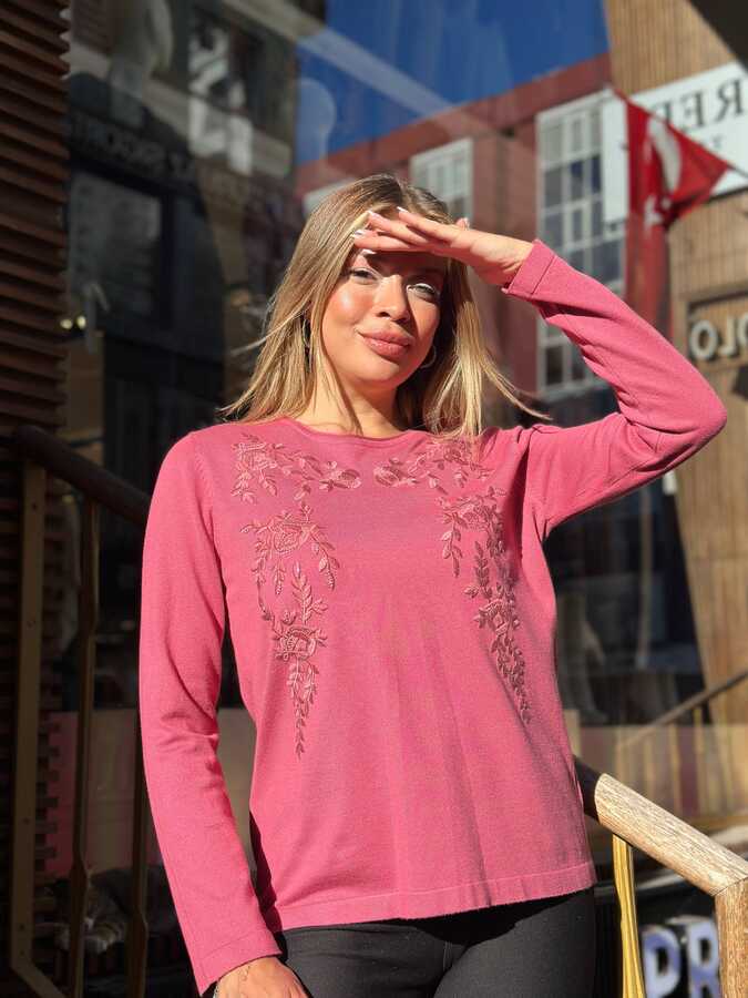 Reel Triko - Wholesale Women's Embroidered Knit Sweater Pink - 31946 | REEL TRİKO