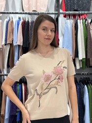 Wholesale Women's Knit Sweater Floral Embroidery Beige - 31725 | REEL TRİKO - Thumbnail