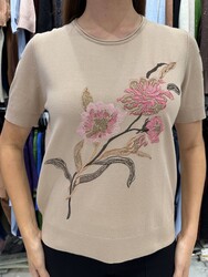 Wholesale Women's Knit Sweater Floral Embroidery Beige - 31725 | REEL TRİKO - Thumbnail