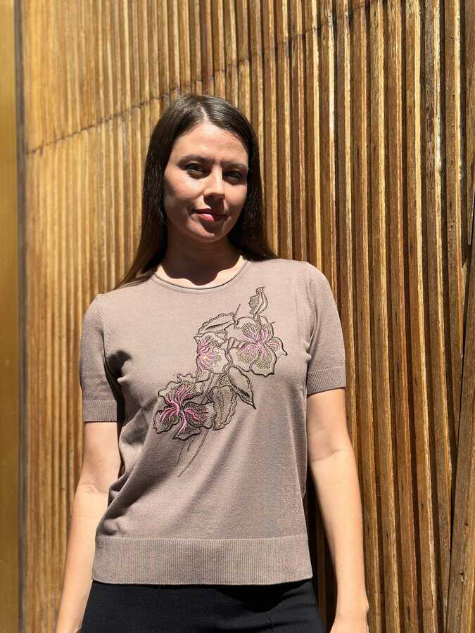 Reel Triko - Wholesale Women's Knitted Sweater Floral Embroidery Beige - 32883 | REEL TRİKO