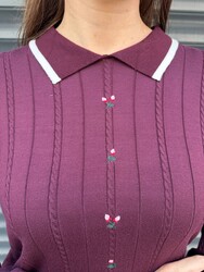 Wholesale Women's Knitted Sweater Floral Embroidered Burgundy - 32180 | REEL TRİKO 1993 - Thumbnail