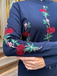 Wholesale Women's Knit Sweater Floral Embroidery Navy Blue - 16285 | REEL TRİKO - Thumbnail