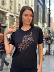 Wholesale Women's Knitted Sweater Floral Embroidery Black - 32883 | REEL TRİKO - Thumbnail